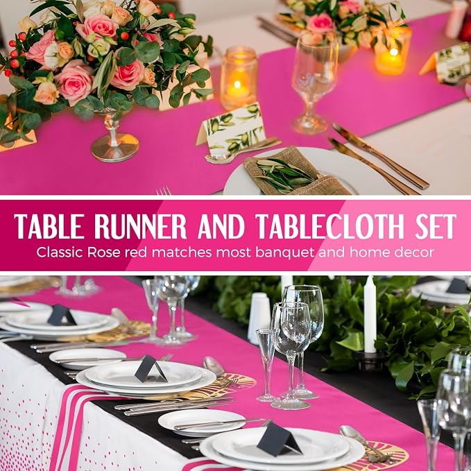 8 Pack White and Hot Pink Disposable Plastic Tablecloths and Satin Table Runner - Image 4