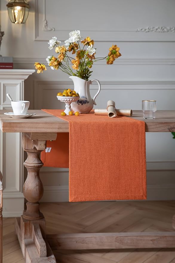 Burlap Style Farmhouse Table Runner, 14x60 Inches Harvest Pumpkin | Thick - Image 3