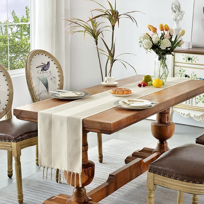 Wracra Linen Table Runner, Stripe Table Runners 36 Inches Long Light Coffee | - Image 7