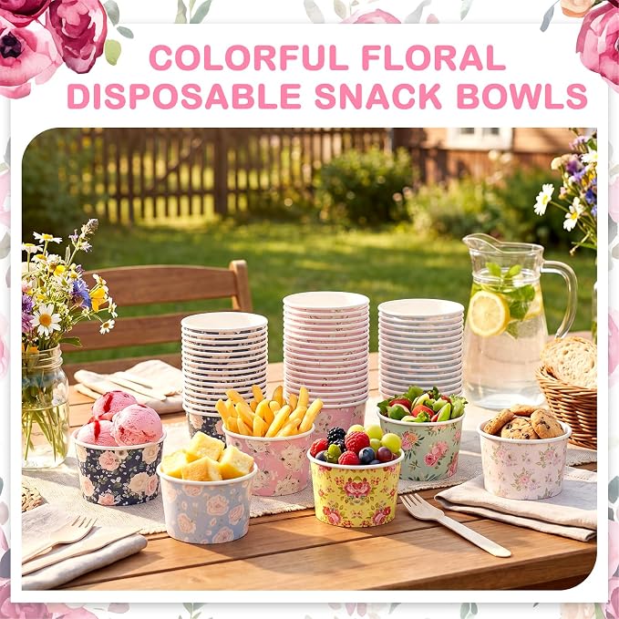 CHENGU 60 Pcs Floral Snack Cups 9 oz Disposable Floral Paper Dessert Bowls - Image 4