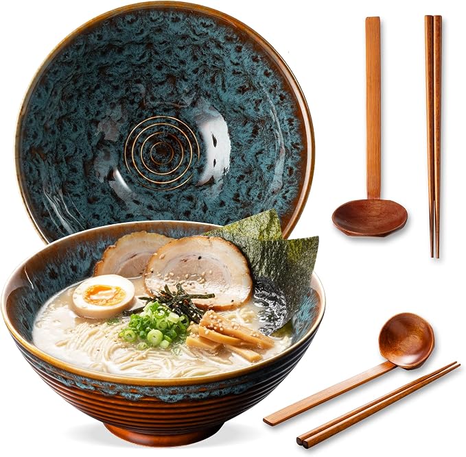 8 Inch Ceramic Ramen Bowl Set of 2, 40oz Japanese Bowls by ArtifexCeram