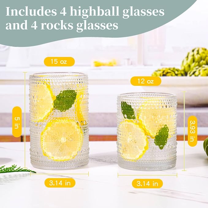 Gray Hobnail Drinking Glasses Set of 8，15 oz Vintage Highball Glassess & 12 oz - Image 4