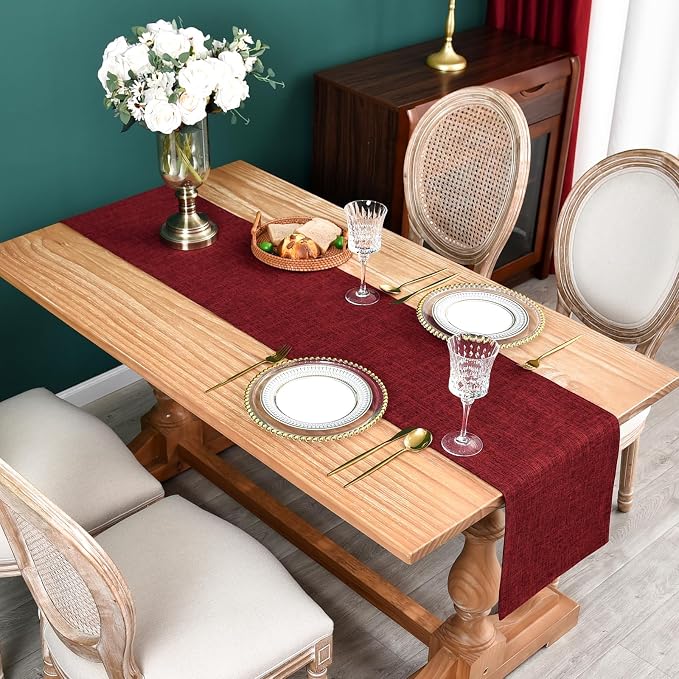 NEWISHER Reversible Double Layer Table Runner Faux Linen Fabric, 13x60inch | - Image 2