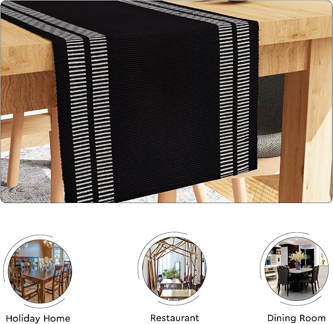 Encasa XO Table Runner, Yarn Dyed Ribbed Cotton 13"x120" | Ladder Black - Image 4
