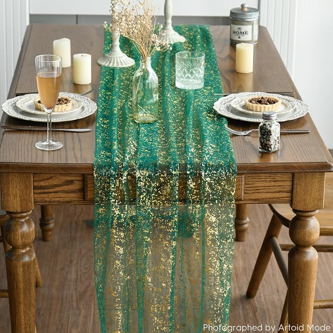 Artoid Mode 6PCS Green Gold Gauze Table Runner 120 Inch 10FT, Glitter Metallic - Image 5