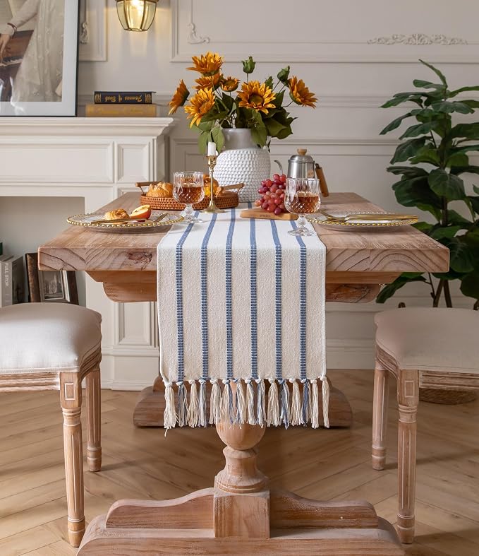 Caflife Boho Table Runner 72 Inchs Long Blue and Beige, Cotton and Linen Woven - Image 6