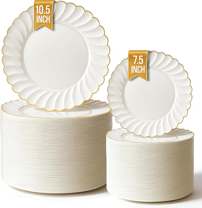 Stock Your Home 100 Pack – Elegant Ivory & Gold Scalloped Plastic Plates – by StockYourHome