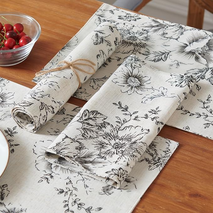 JINCHAN Alice Linen Floral Placemats Set of 4 Farmhouse 13x19 Inch Black | - Image 4
