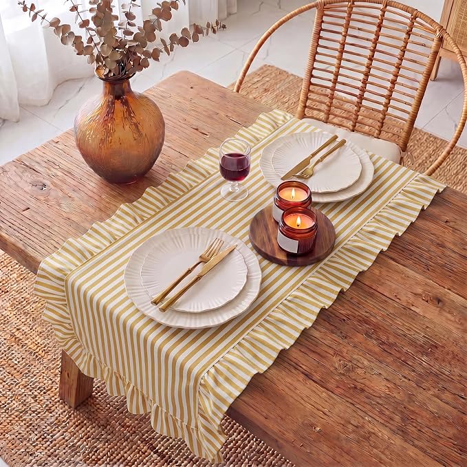 HunnmingRe Ruffle Trim Boho Table Runner Farmhouse Rustic Stripes Scalloped - Image 6