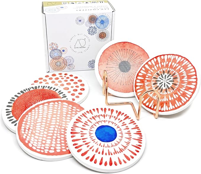 AD Set of 6 Coasters for Drinks Absorbing Round Ceramic Stone Coaster by AD