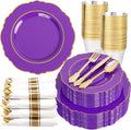 350PCS Purple Plastic Plates-Disposable Purple and Gold Plates 50 guest Baroque by Liacere