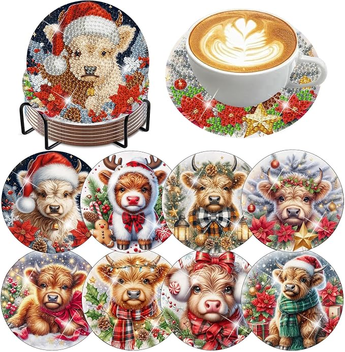ijbnhd 8 Pack Cow Diamond Art Coasters Kits, Christmas Cow Kit 4x4 inch | by ijbnhd