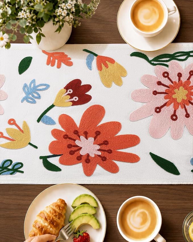 Canvas Embroidered Narrow 13"x 36" Table Runner, Colorful Flower | Exquisite - Image 3