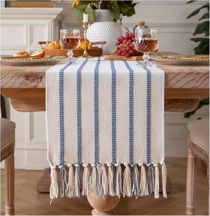 Caflife Boho Table Runner 108 Inchs Long Blue and Beige, Cotton and Linen Woven by Caflife