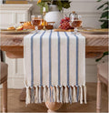 Caflife Boho Table Runner 90 Inchs Long Blue and Beige, Cotton and Linen Woven by Caflife