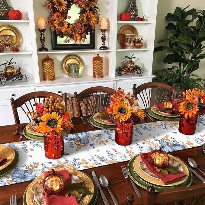 Blue Pumpkin Fall Table Runner 60 Inches Long, Thanksgiving Floral Eucalyptus - Image 6
