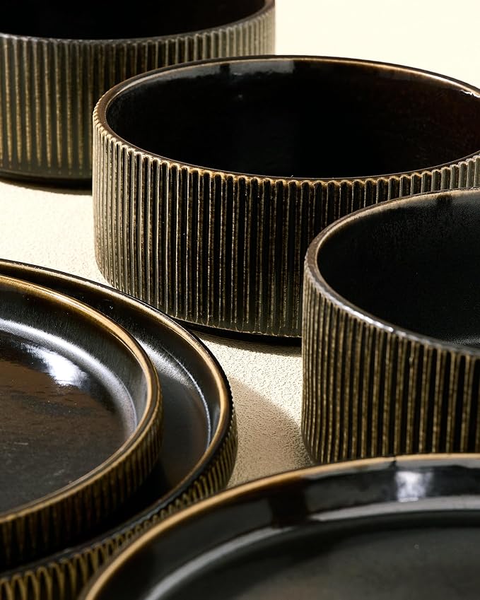 Stoneware Dinnerware Set for 4, Reactive Glaze, Handmade Ribbed Dishes - Image 4
