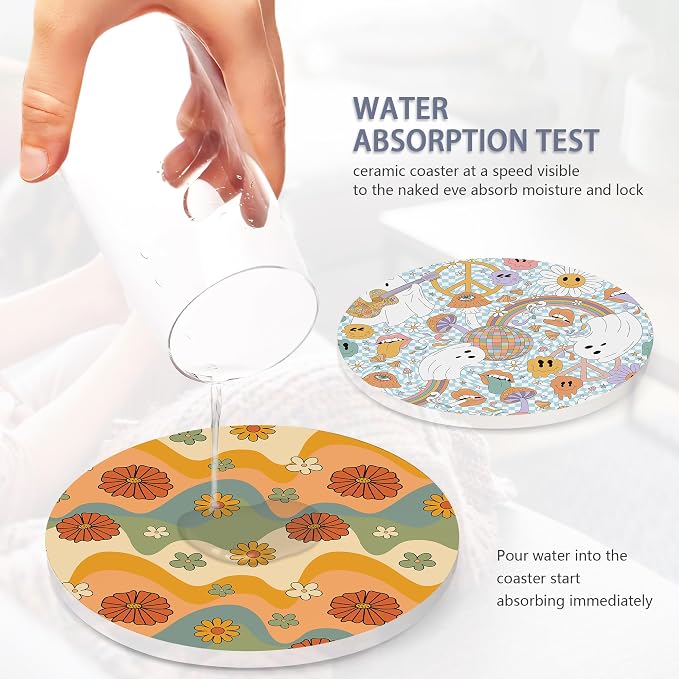Table Coaster for Drinks Set of 6, Retro 70s Colorful Groovy Round Ceramic - Image 5