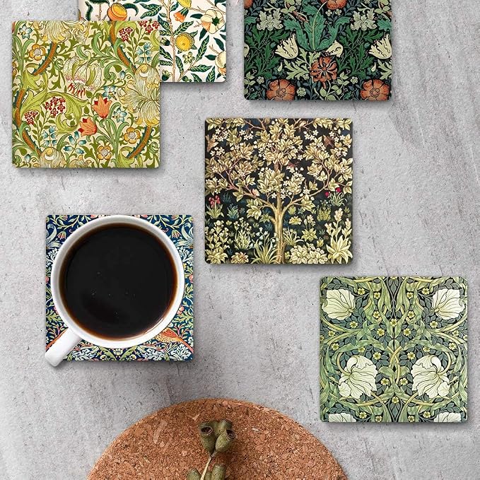 HUXJOKO Coasters for Drinks Set of 6, William Morris Floral Pattern Absorbent - Image 4