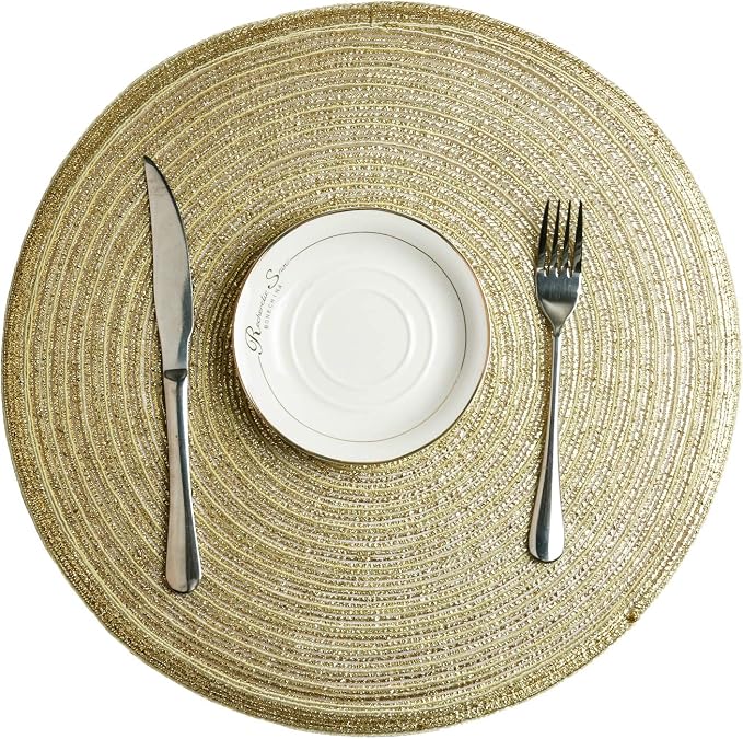 SHACOS Gold Glitter Round Placemats Set of 6 Bling Circle Place Mats Washable - Image 4