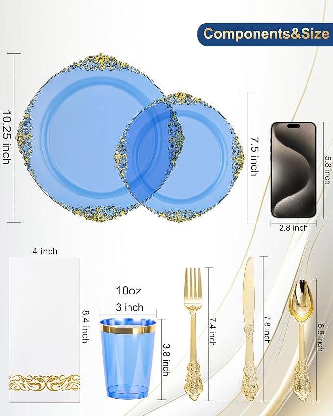 Nervure 175Pcs Blue Plastic Plates, Disposable Dinnerware Set - Image 7
