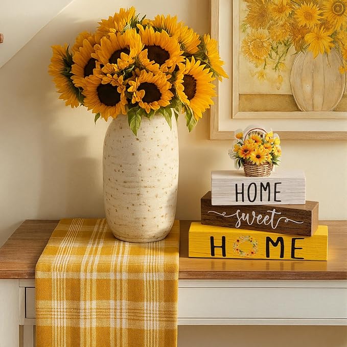 Cinnvoice 4 Pcs Farmhouse Wooden Tabletop Decor Yellow Sunflower Summer Rustic - Image 4
