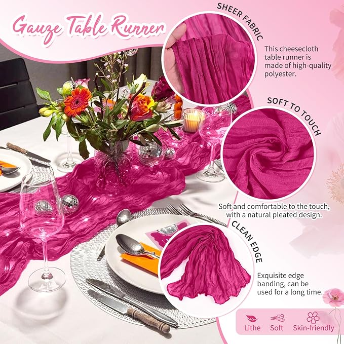 Showgeous 30 Pack Fuschia Cheesecloth Table Runner, 17 x 108 Inches | Boho - Image 3