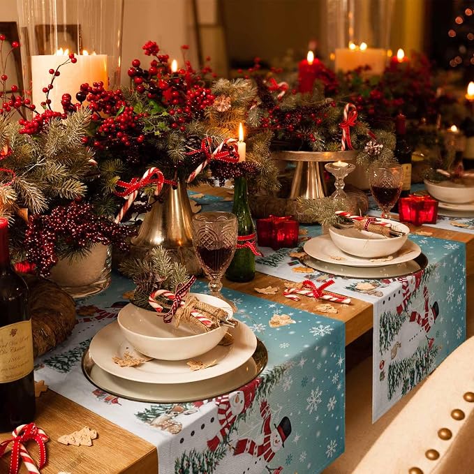 Teal Christmas Snowman Table Runner 72 Inches Long, Xmas Trees Snowflake Table - Image 6