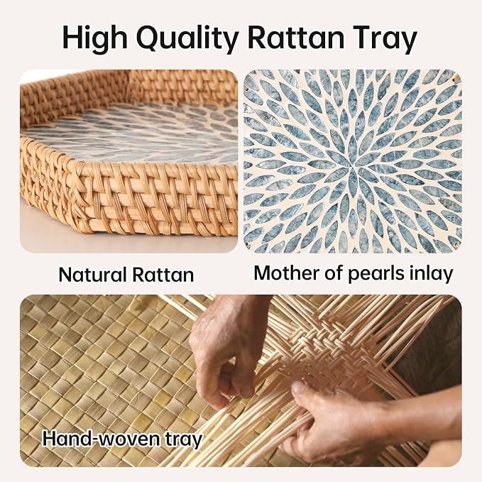 Hexagon Rattan Tray with Mother of Pearl Inlay, Rattan Serving Tray - Image 6
