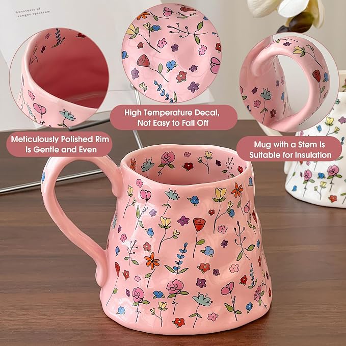 Large Ceramic Coffee Mug Pink Cute Flower - Image 3