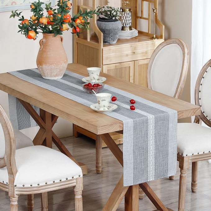 NEWISHER Farmhouse Braided Striped Embroidery Table Runner 48 inches Grey | - Image 2