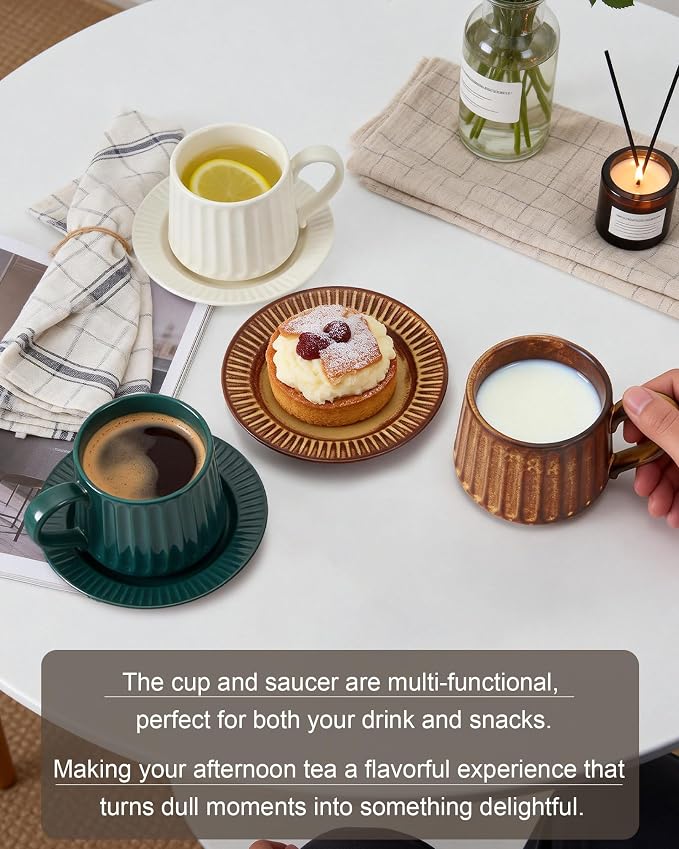 Ceramic Cup and Saucer Set, 11.5 oz Coffee Cups - Image 7