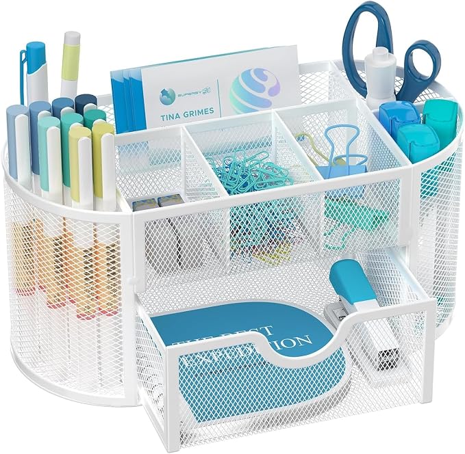 Mesh Desk Organizer with Drawer, 9-Compartment Pen Holder by SUPEASY