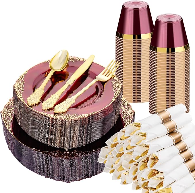 Bestluck 350PCS Burgundy Disposable Dinnerware by Bestluck
