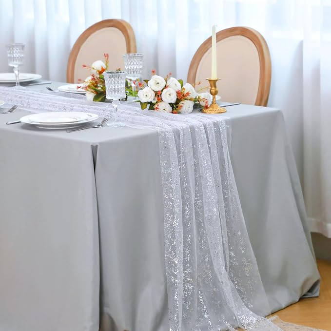 Snowkingdom 10 Pcs 10 FT Silver Table Runners, Sheer Chiffon Gauze Cheesecloth - Image 5