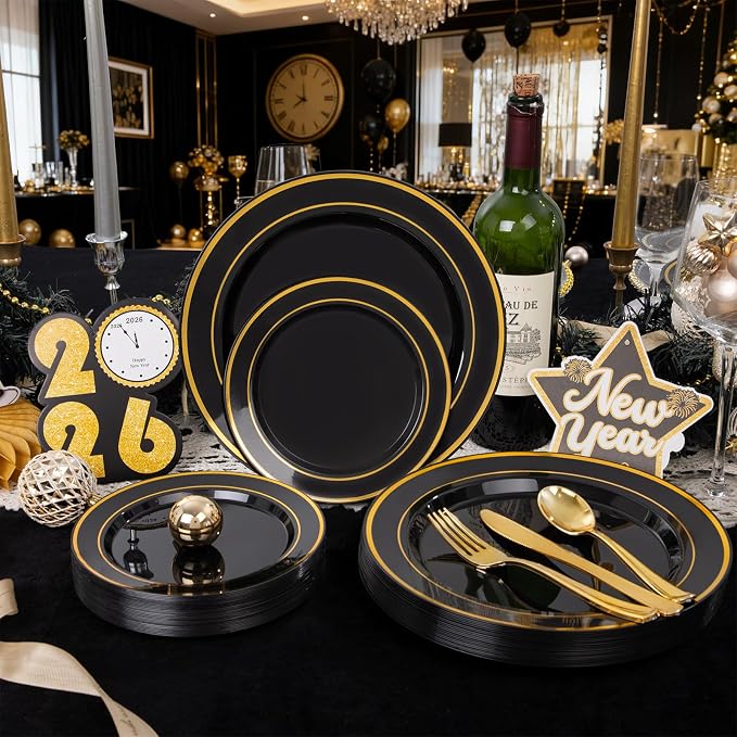350 Pieces Black and Gold Plastic Plates - Image 7