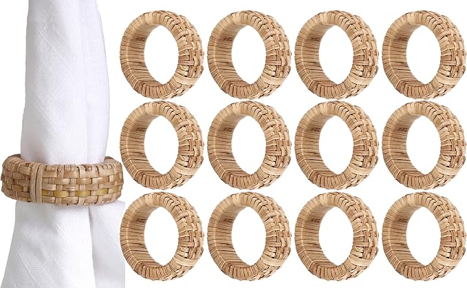 Jute Rattan Napkin Rings, Farmhouse Natural | 2.25x2.25x0.5 in each, plastic & by CLEENTABLE