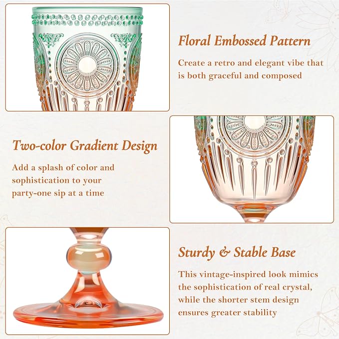 XUWAIDSGN 24Pcs Plastic Vintage Wine Glasses 13.5oz Reusable Embossed Goblet - Image 5