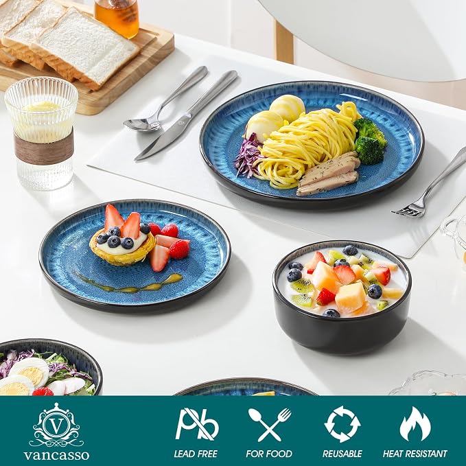vancasso PLAYA Plates and Bowls Sets, 24 Pieces Blue Dinnerware Sets - Image 3