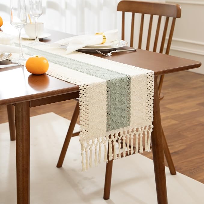Boho Green Table Runner, 12x108 Inches | Tassels, Summer Farmhouse, Woven - Image 6