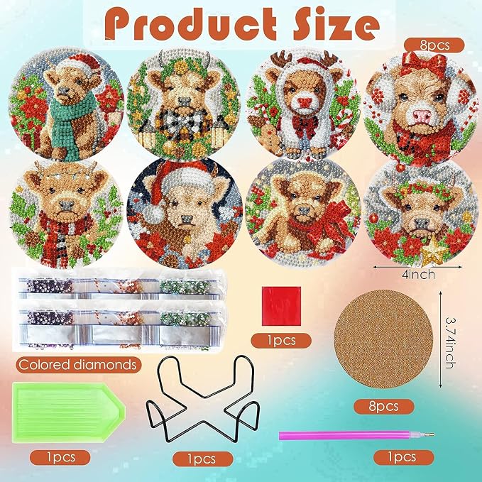 ijbnhd 8 Pack Cow Diamond Art Coasters Kits, Christmas Cow Kit 4x4 inch | - Image 3