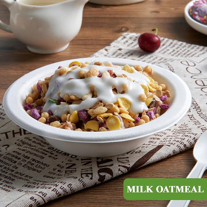 Vplus 200 Pack 12 OZ Compostable Paper Bowls, Bagasse Bowls，White | Disposable - Image 2