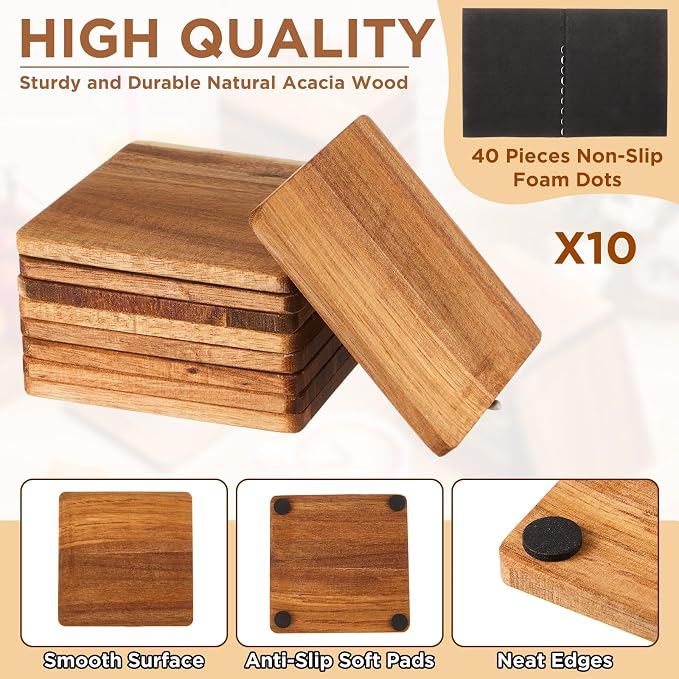 10 Pcs Unfinished Acacia Wood Coasters Bulk, 4 Inch Square Wooden Coasters - Image 2