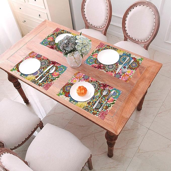 Boho Floral Placemats Set of 4, Colorful Dining Table Mats 12"x18" | Flowers - Image 6