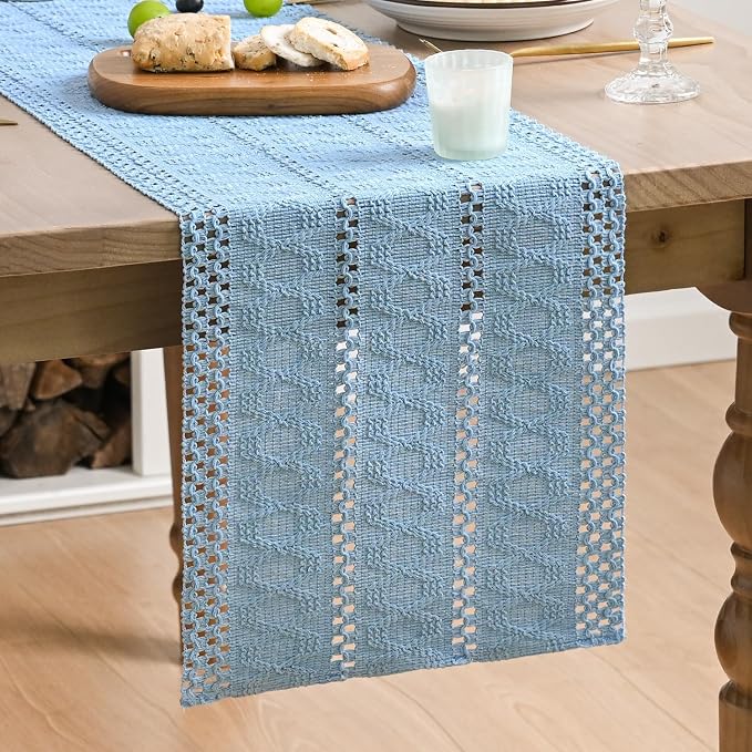 Artoid Mode Sky Blue Woven Farmhouse Hollow Table Runner 12x36 Inch | Holiday - Image 2