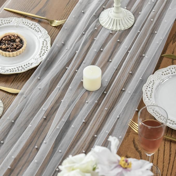 Artoid Mode 3PCS Pearl Grey Gauze Table Runner 120 Inch 10FT, Seasonal Sheer - Image 3