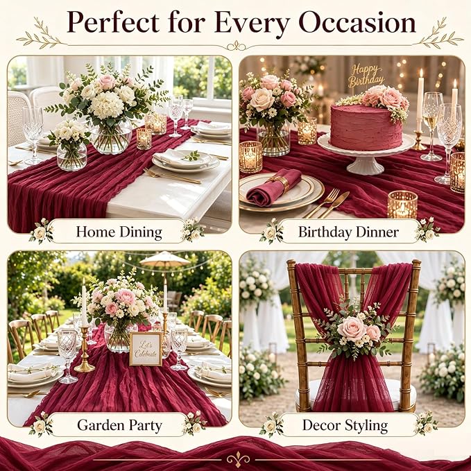 10 Pack Burgundy Cheesecloth Table Runner 22 x 120 Inch Gauze Table Runner | - Image 7