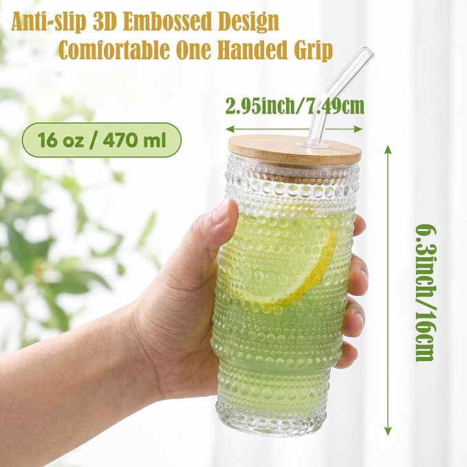 Glass Cups with Lids and Straws 16 oz Sunflower Drinking Glasses Set | Embossed - Image 5