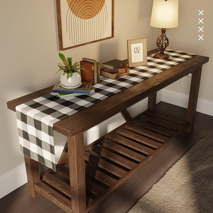 Encasa XO Table Runner, Woven Cotton Dining Runner 13"x120" Buffalo Black Checks - Image 2