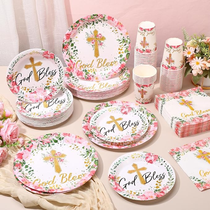 Pickmesh 250 Pcs Pink Baptism Cross Disposable Tableware Set Confirmation - Image 4